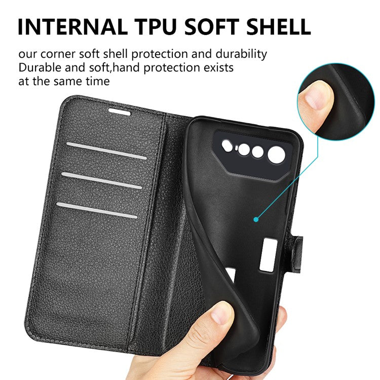 Litchi Texture Phone Case for Asus ROG Phone 7 5G , Wallet Phone Cover Stand PU Leather Shell - Black