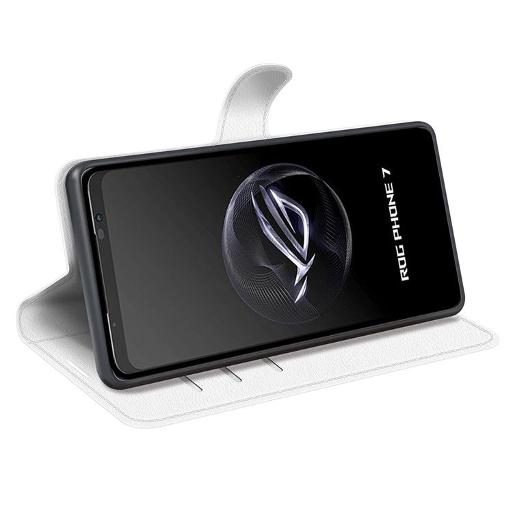 Litchi Texture Phone Case for Asus ROG Phone 7 5G , Wallet Phone Cover Stand PU Leather Shell - White