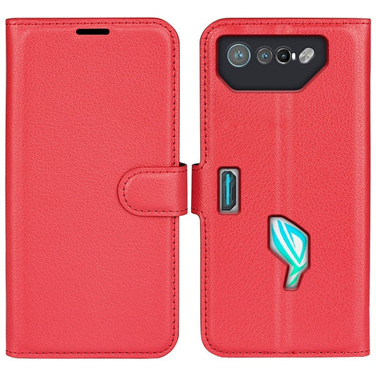 Litchi Texture Phone Case for Asus ROG Phone 7 5G , Wallet Phone Cover Stand PU Leather Shell - Red