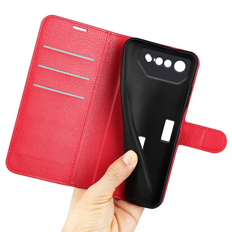 Litchi Texture Phone Case for Asus ROG Phone 7 5G , Wallet Phone Cover Stand PU Leather Shell - Red