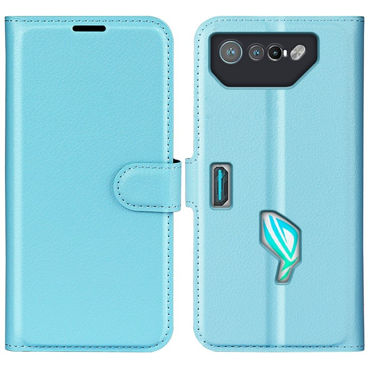 Litchi Texture Phone Case for Asus ROG Phone 7 5G , Wallet Phone Cover Stand PU Leather Shell - Blue