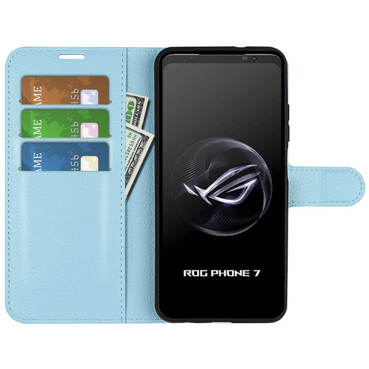 Litchi Texture Phone Case for Asus ROG Phone 7 5G , Wallet Phone Cover Stand PU Leather Shell - Blue