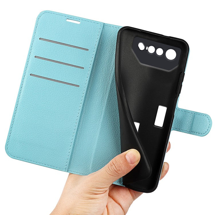 Litchi Texture Phone Case for Asus ROG Phone 7 5G , Wallet Phone Cover Stand PU Leather Shell - Blue