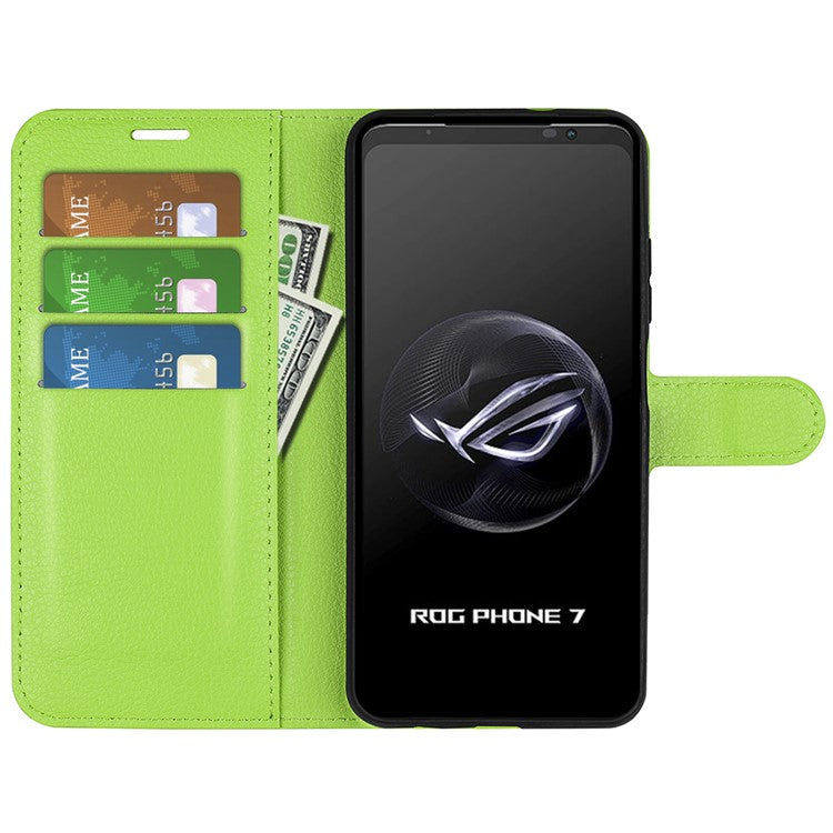 Litchi Texture Phone Case for Asus ROG Phone 7 5G , Wallet Phone Cover Stand PU Leather Shell - Green