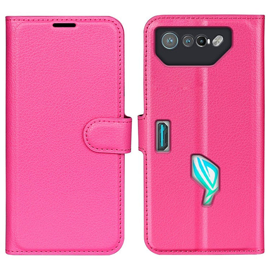 Litchi Texture Phone Case for Asus ROG Phone 7 5G , Wallet Phone Cover Stand PU Leather Shell - Rose