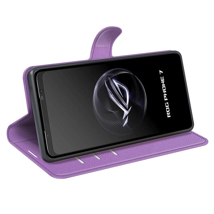 Litchi Texture Phone Case for Asus ROG Phone 7 5G , Wallet Phone Cover Stand PU Leather Shell - Purple