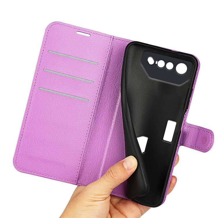 Litchi Texture Phone Case for Asus ROG Phone 7 5G , Wallet Phone Cover Stand PU Leather Shell - Purple