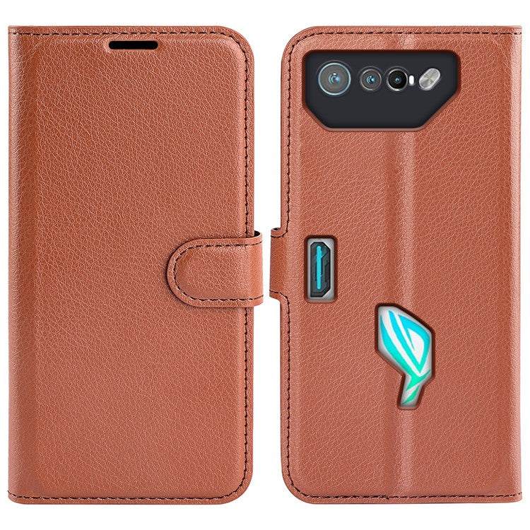 Litchi Texture Phone Case for Asus ROG Phone 7 5G , Wallet Phone Cover Stand PU Leather Shell - Brown