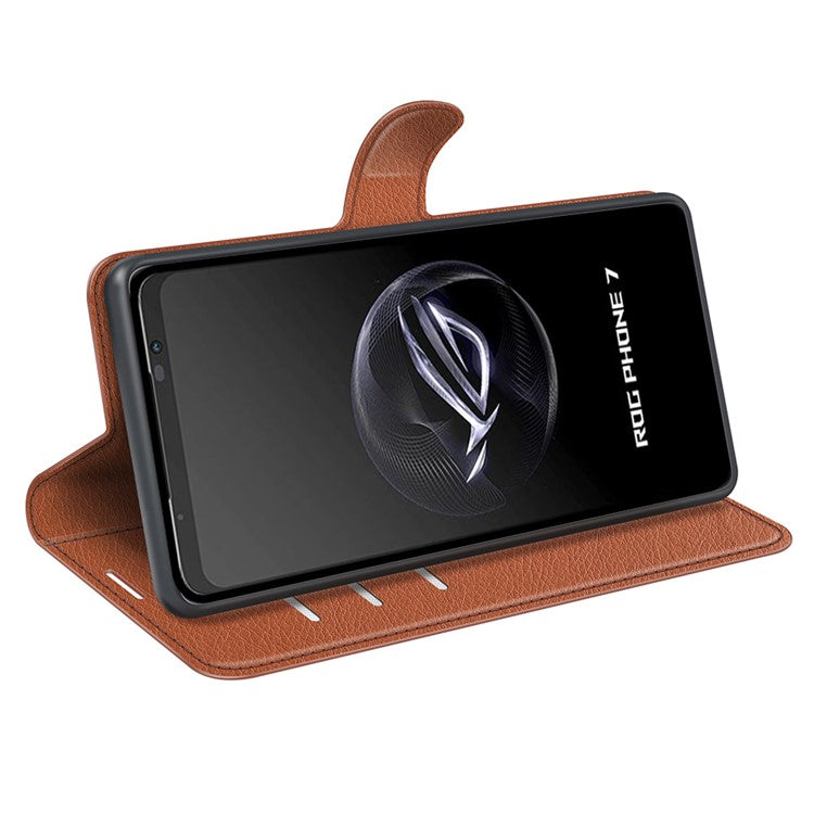 Litchi Texture Phone Case for Asus ROG Phone 7 5G , Wallet Phone Cover Stand PU Leather Shell - Brown