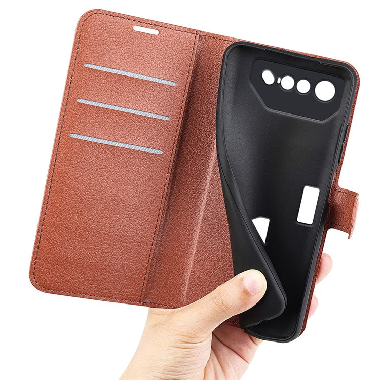 Litchi Texture Phone Case for Asus ROG Phone 7 5G , Wallet Phone Cover Stand PU Leather Shell - Brown