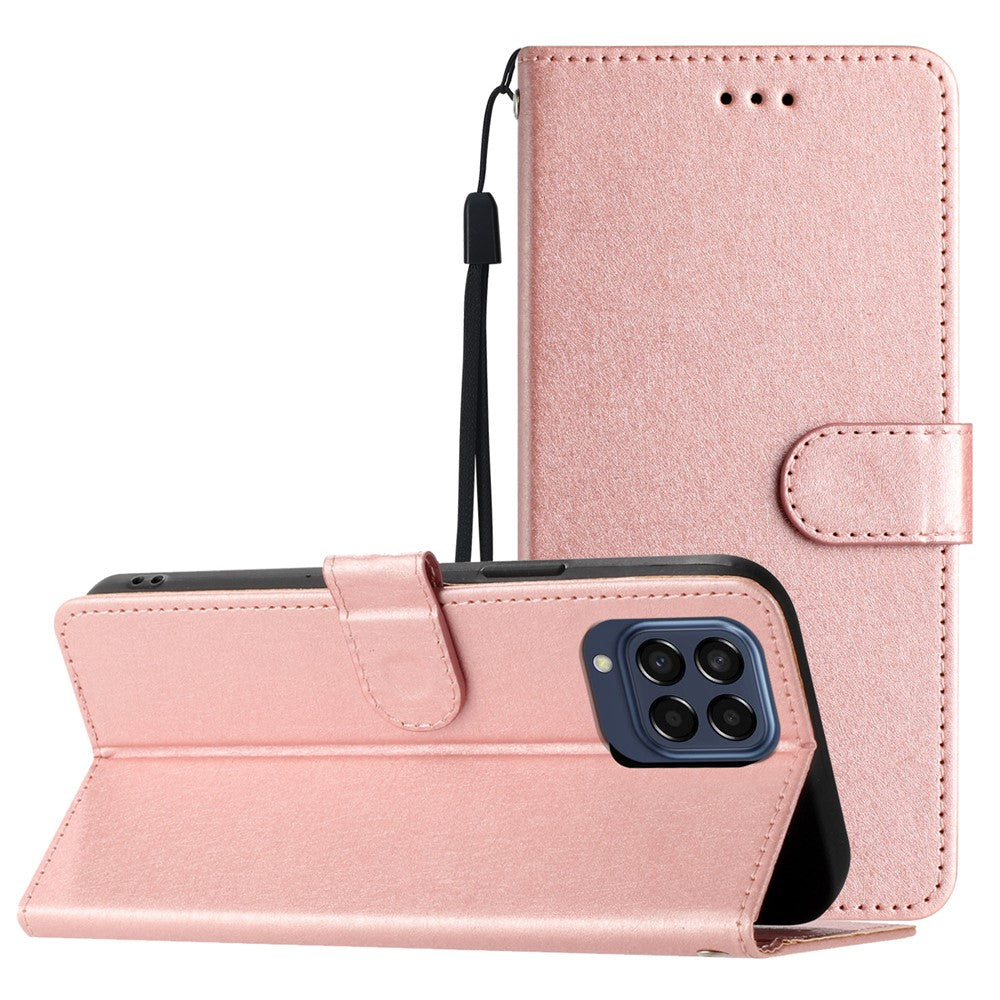 Silk Texture Case for Samsung Galaxy M53 5G Drop Protection Leather Wallet Stand Shell with Hand Strap - Rose Gold