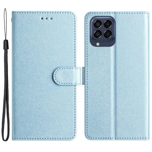 Silk Texture Case for Samsung Galaxy M53 5G Drop Protection Leather Wallet Stand Shell with Hand Strap - Sky Blue