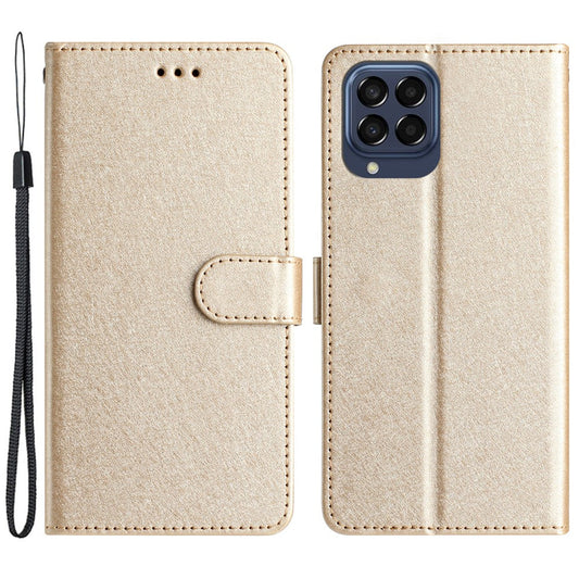 Silk Texture Case for Samsung Galaxy M53 5G Drop Protection Leather Wallet Stand Shell with Hand Strap - Gold