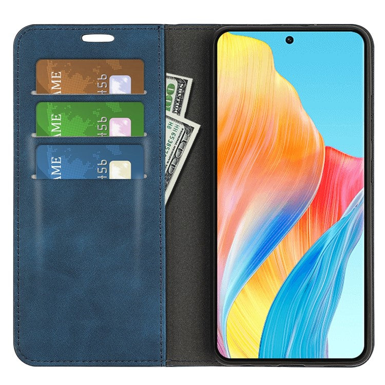 Skin-touch Stand Cover for Oppo A1 5G / A98 5G PU Leather Wallet Smartphone Shell Flip Case - Blue