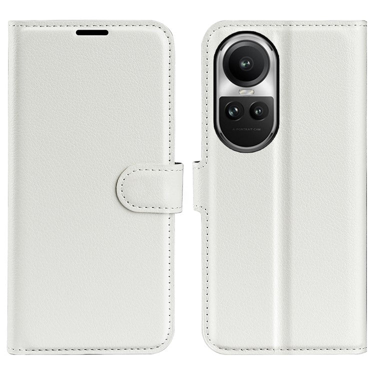 Litchi Texture PU Leather Phone Cover for Oppo Reno10 5G (Global) Wallet Stand Protective Phone Case - White