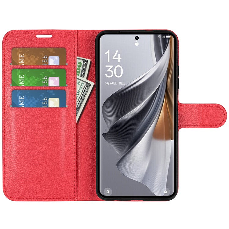 Litchi Texture PU Leather Phone Cover for Oppo Reno10 5G (Global) Wallet Stand Protective Phone Case - Red