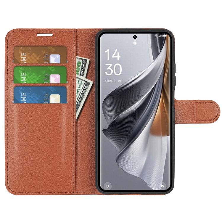 Litchi Texture PU Leather Phone Cover for Oppo Reno10 5G (Global) Wallet Stand Protective Phone Case - Brown