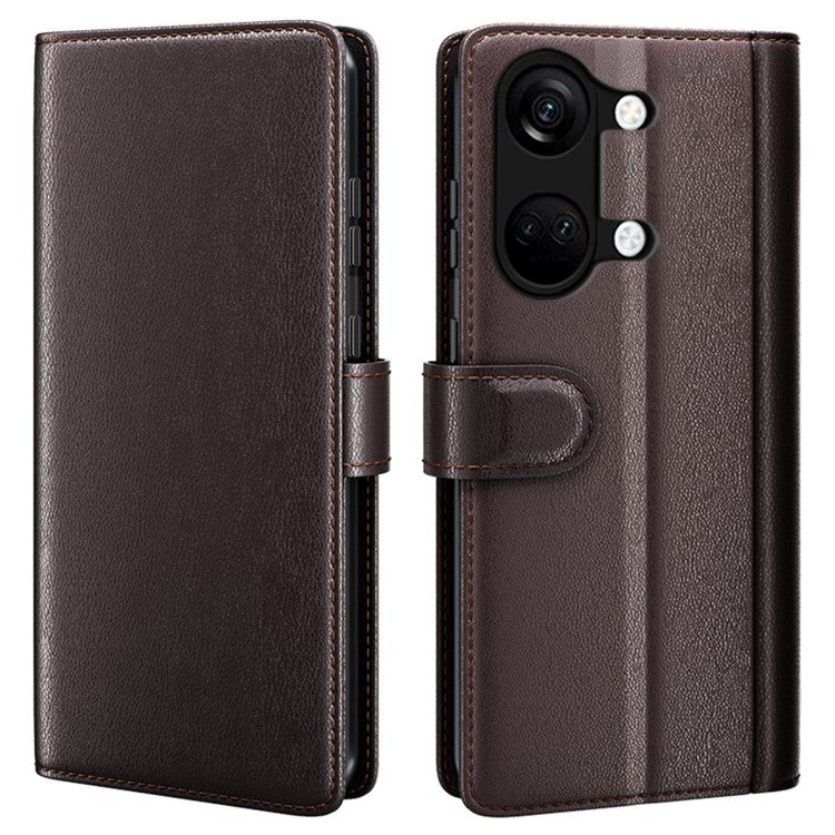 For OnePlus Ace 2V / Nord 3 5G Wallet Phone Case Genuine Split Leather Shockproof Stand Cover - Brown