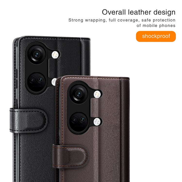 For OnePlus Ace 2V / Nord 3 5G Wallet Phone Case Genuine Split Leather Shockproof Stand Cover - Brown