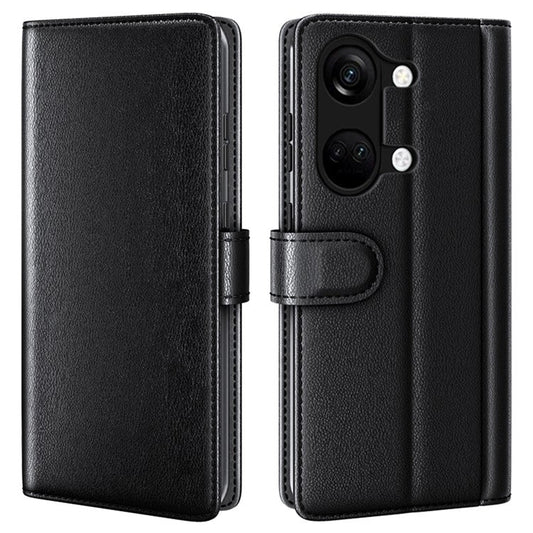 For OnePlus Ace 2V / Nord 3 5G Wallet Phone Case Genuine Split Leather Shockproof Stand Cover - Black