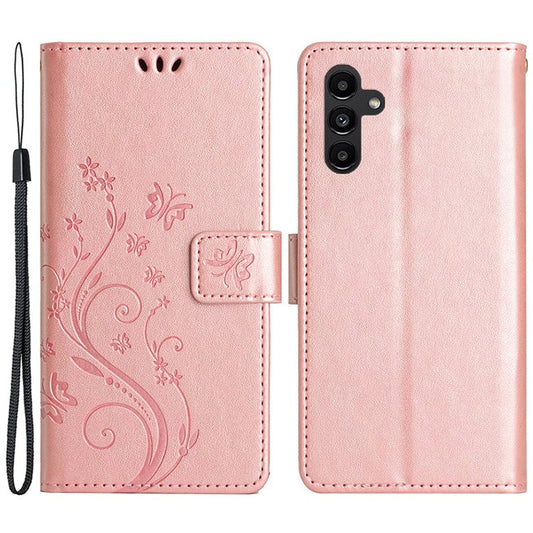 For Samsung Galaxy S23 FE Imprinted Butterflies Mobile Phone Case PU Leather Wallet Cover Stand with Strap - Rose Gold
