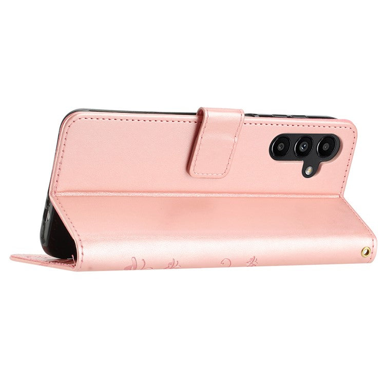 For Samsung Galaxy S23 FE Imprinted Butterflies Mobile Phone Case PU Leather Wallet Cover Stand with Strap - Rose Gold