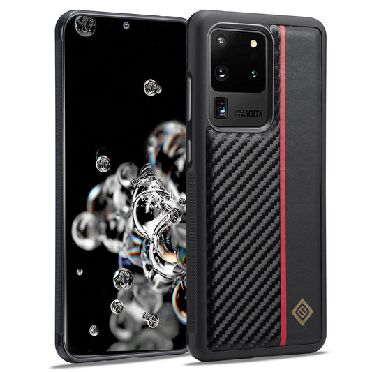 LC.IMEEKE Carbon Fiber Splicing Case for Samsung Galaxy S20 Ultra , PU Leather Coated TPU + EVA Cover