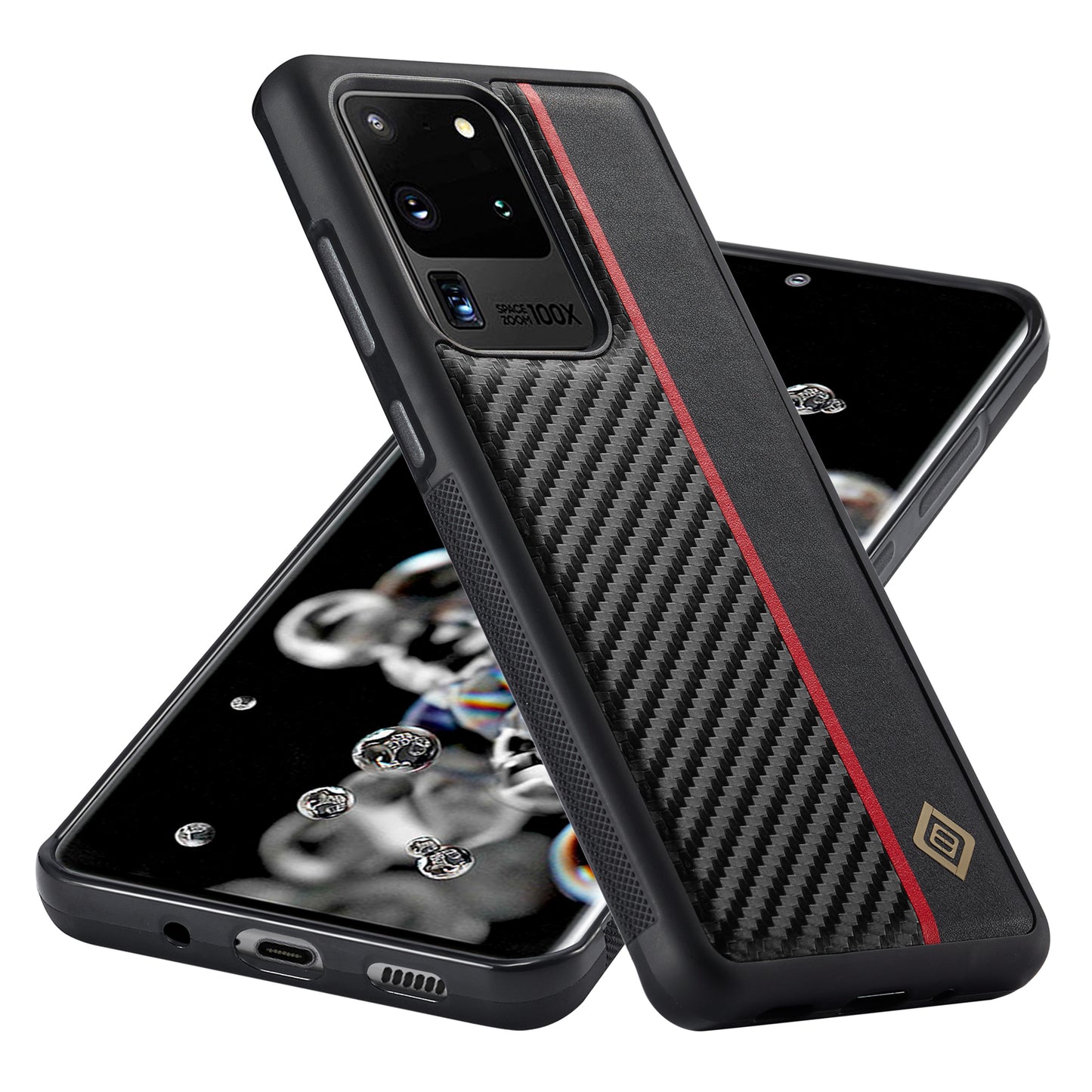 LC.IMEEKE Carbon Fiber Splicing Case for Samsung Galaxy S20 Ultra , PU Leather Coated TPU + EVA Cover