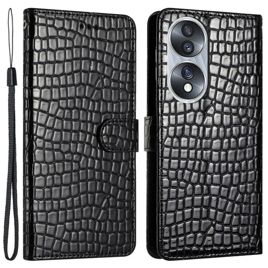 For Honor 70 5G Crocodile Texture Leather Stand Cover Wallet Design Anti-fall Phone Case with Strap - Black