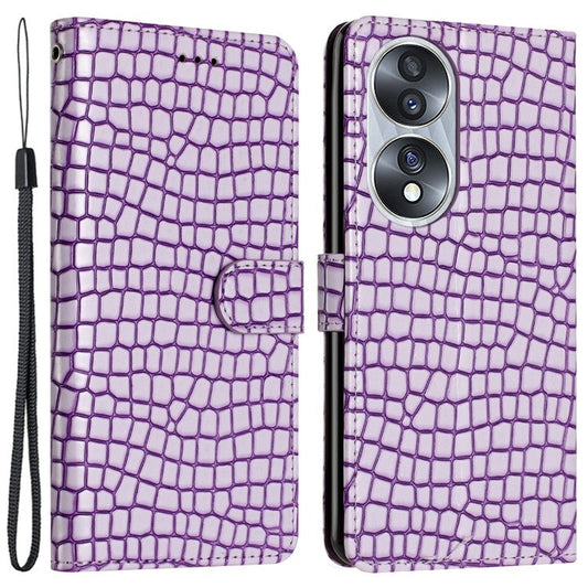 For Honor 70 5G Crocodile Texture Leather Stand Cover Wallet Design Anti-fall Phone Case with Strap - Purple