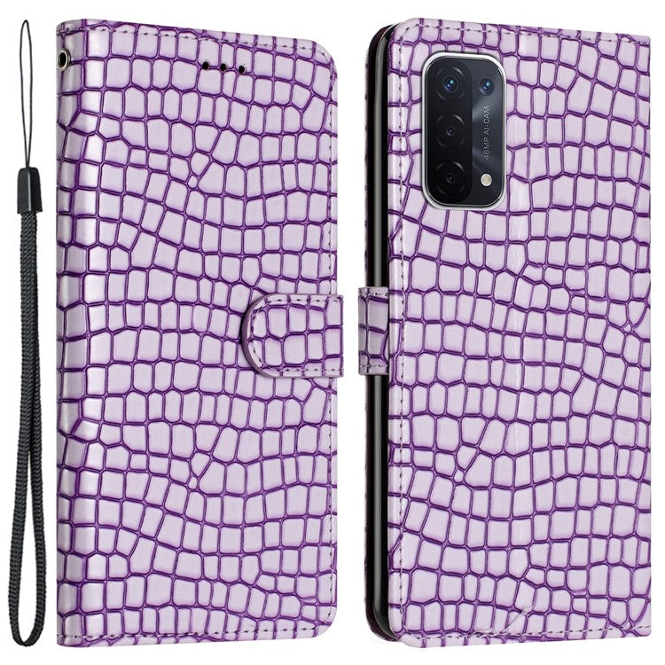 For Oppo A74 5G / A54 5G / A93 5G Cellphone Guard Stand Cover Crocodile Texture Leather Wallet Case with Strap - Purple