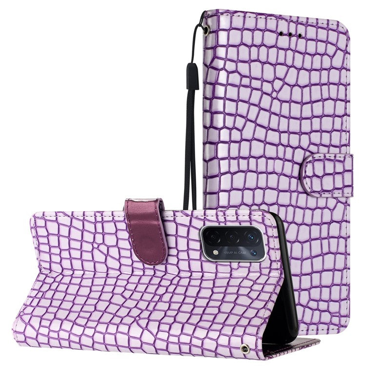 For Oppo A74 5G / A54 5G / A93 5G Cellphone Guard Stand Cover Crocodile Texture Leather Wallet Case with Strap - Purple