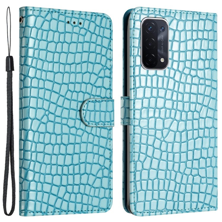 For Oppo A74 5G / A54 5G / A93 5G Cellphone Guard Stand Cover Crocodile Texture Leather Wallet Case with Strap - Sky Blue