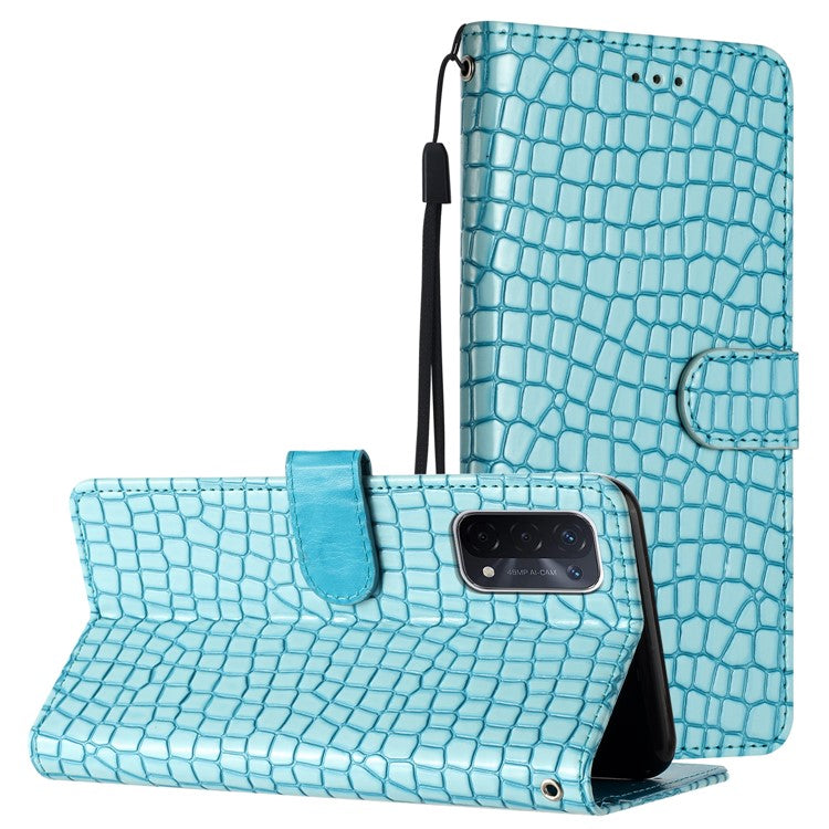 For Oppo A74 5G / A54 5G / A93 5G Cellphone Guard Stand Cover Crocodile Texture Leather Wallet Case with Strap - Sky Blue