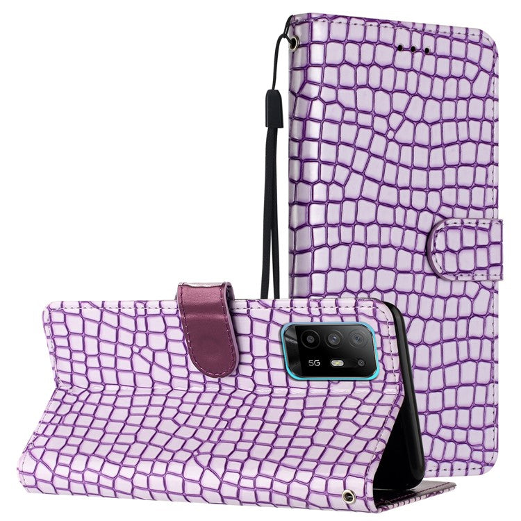 Shockproof Shell for Oppo A94 5G , Phone Leather Wallet Stand Cover Crocodile Texture Case with Strap - Purple