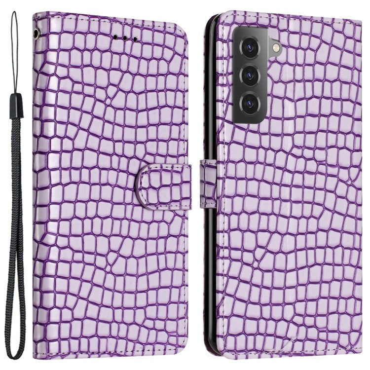 Foldable Stand Shell for Samsung Galaxy S21 FE 5G , Phone Leather Wallet Cover Crocodile Texture Case with Strap - Purple