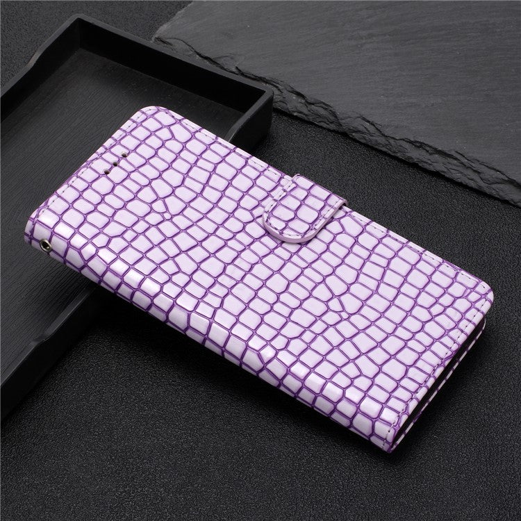 Foldable Stand Shell for Samsung Galaxy S21 FE 5G , Phone Leather Wallet Cover Crocodile Texture Case with Strap - Purple