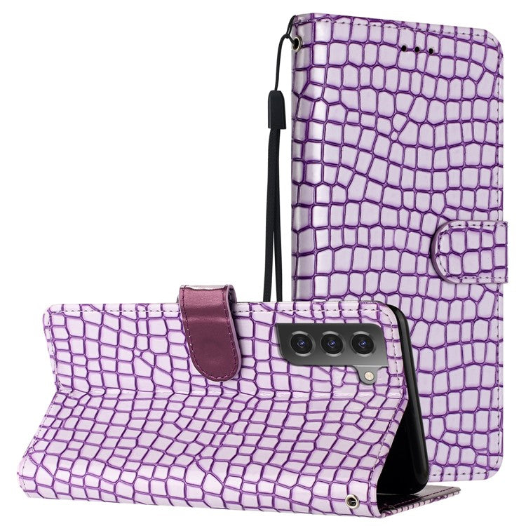 Foldable Stand Shell for Samsung Galaxy S21 FE 5G , Phone Leather Wallet Cover Crocodile Texture Case with Strap - Purple