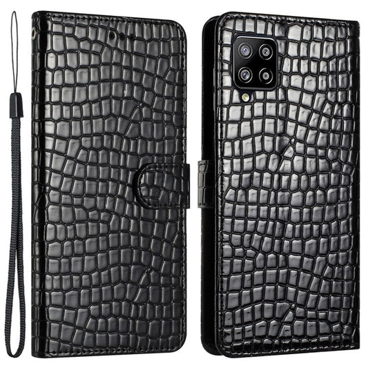 For Samsung Galaxy M32 (Global Version) 4G PU Leather Phone Stand Cover Wallet Crocodile Texture Anti-fall Case with Strap - Black