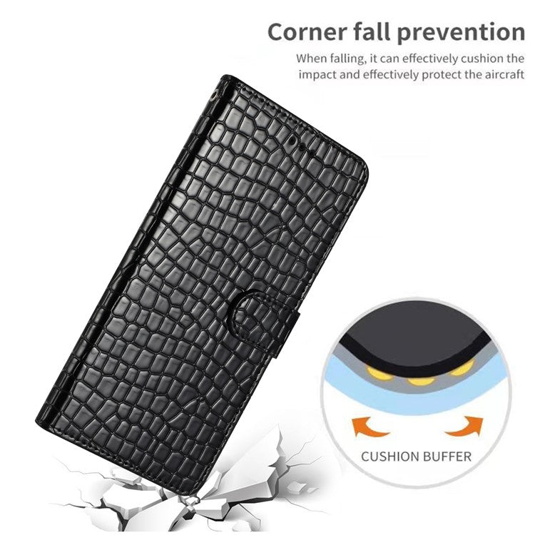 For Samsung Galaxy M32 (Global Version) 4G PU Leather Phone Stand Cover Wallet Crocodile Texture Anti-fall Case with Strap - Black