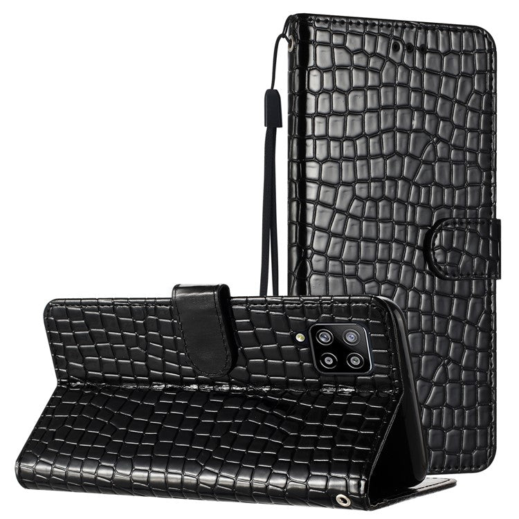 For Samsung Galaxy M32 (Global Version) 4G PU Leather Phone Stand Cover Wallet Crocodile Texture Anti-fall Case with Strap - Black