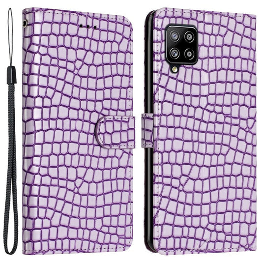 For Samsung Galaxy M32 (Global Version) 4G PU Leather Phone Stand Cover Wallet Crocodile Texture Anti-fall Case with Strap - Purple