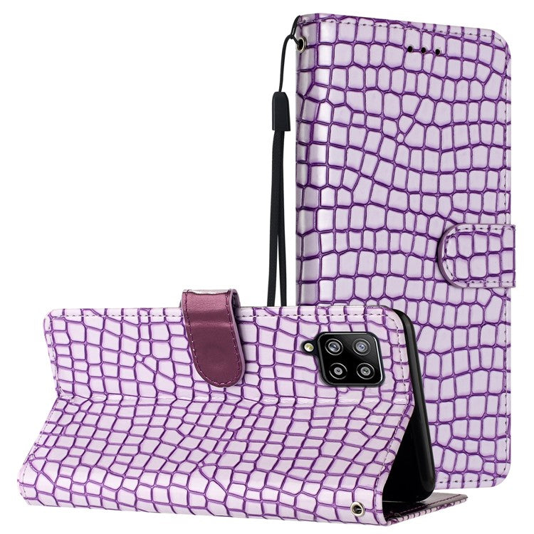 For Samsung Galaxy M32 (Global Version) 4G PU Leather Phone Stand Cover Wallet Crocodile Texture Anti-fall Case with Strap - Purple