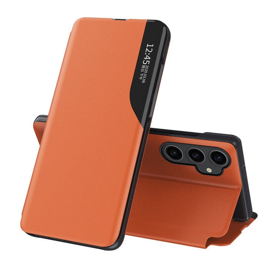 For Samsung Galaxy S23 FE View Window Phone Case PU Leather Drop Protection Stand Cover - Orange