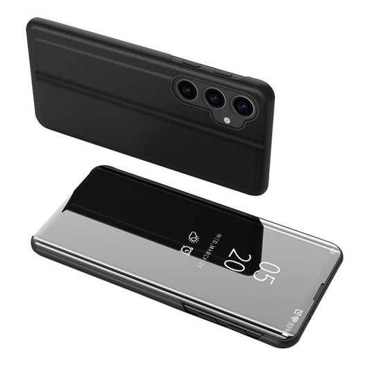 Mirror Surface Shell for Samsung Galaxy S23 FE , Electroplating View Window PU Leather Case Phone Stand Cover - Black
