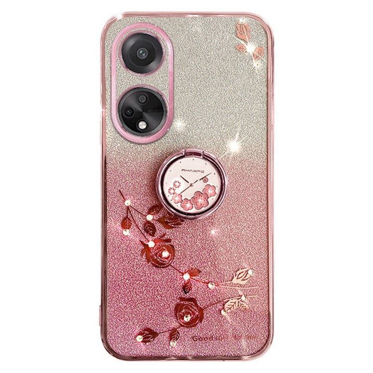 KADEM For Honor Play 30 Plus 5G Ring Kickstand TPU Cover Flower Pattern Glitter Phone Anti-fall Case - Rose Gold