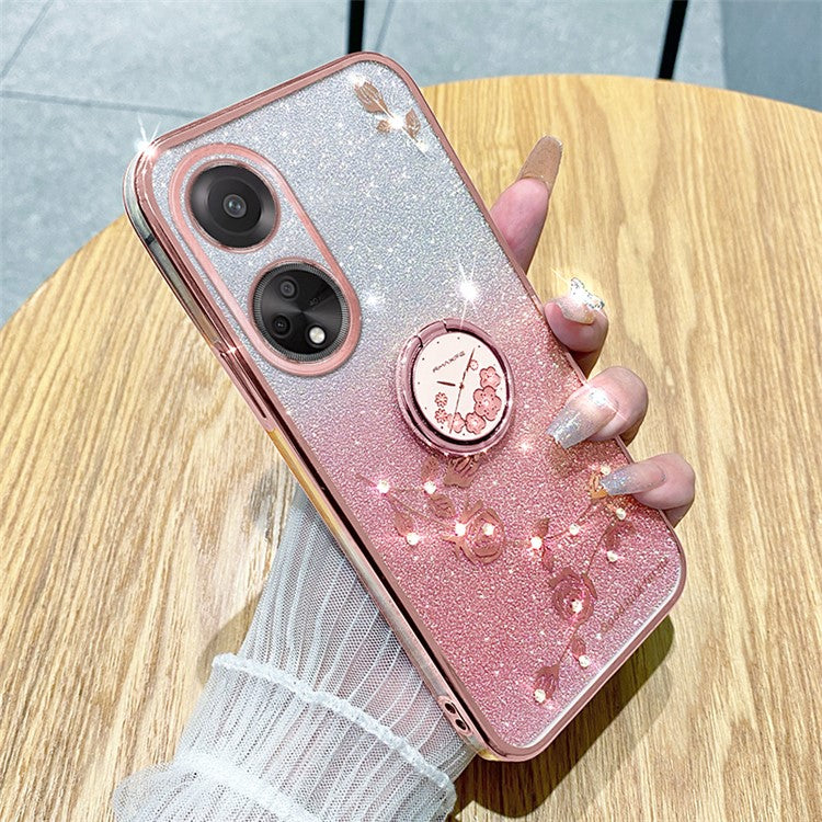 KADEM For Honor Play 30 Plus 5G Ring Kickstand TPU Cover Flower Pattern Glitter Phone Anti-fall Case - Rose Gold