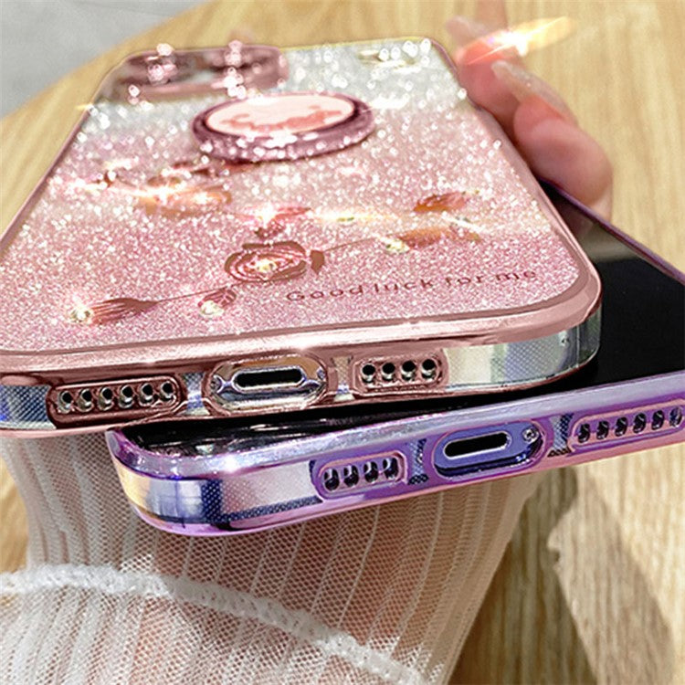 KADEM For Honor Play 30 Plus 5G Ring Kickstand TPU Cover Flower Pattern Glitter Phone Anti-fall Case - Rose Gold