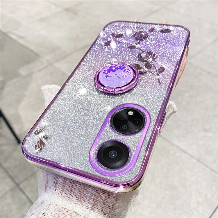 KADEM For Honor Play 30 Plus 5G Ring Kickstand TPU Cover Flower Pattern Glitter Phone Anti-fall Case - Purple