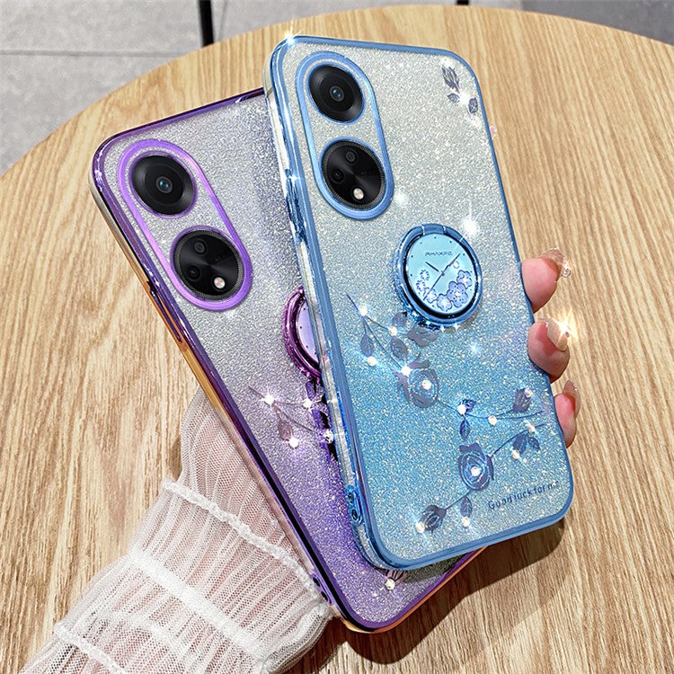 KADEM For Honor Play 30 Plus 5G Ring Kickstand TPU Cover Flower Pattern Glitter Phone Anti-fall Case - Purple